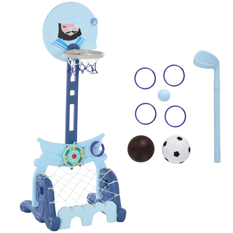 HOMCOM Basketballständer Set 4-in-1 Kinder Basketballkorb Sportaktivitätscenter Fußball- /Golfspiel für 3-6 Jahre Kinder höhenverstellbar Blau 58 x 56 x 154 cm