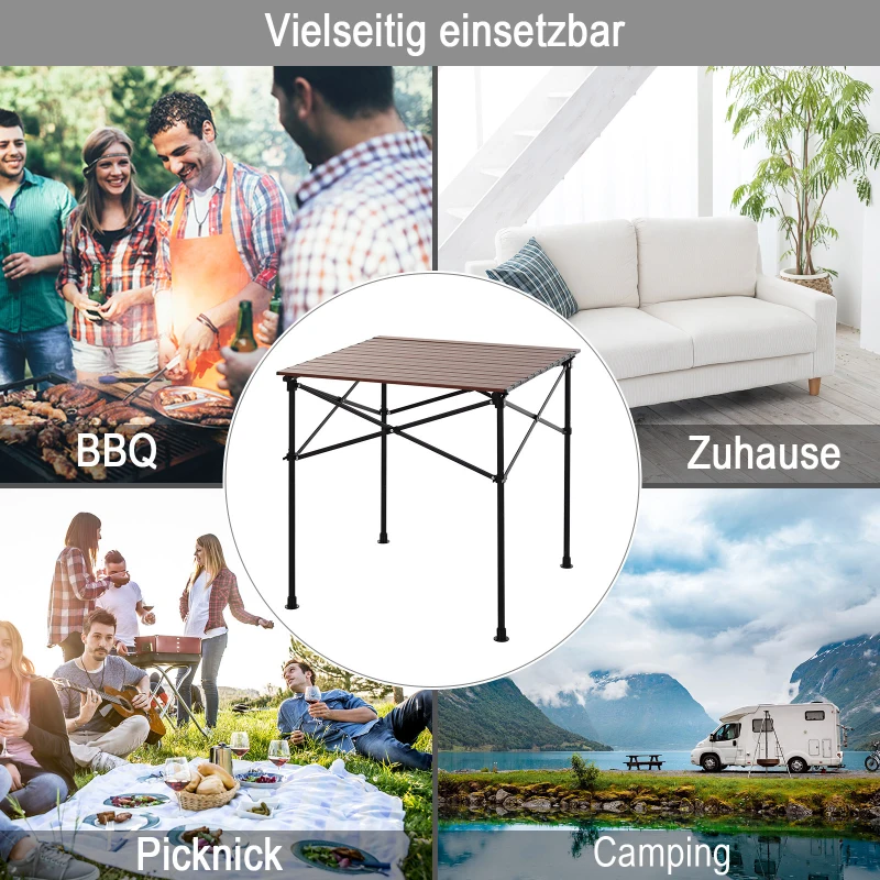 Outsunny campingtafel met houtnerf, klaptafel, picknicktafel, aluminium legering, donkerbruin, 70 x 70 x 70 cm houtnerf klaptafel picknicktafel aluminium legering donkerbruin | Aosom.nl
