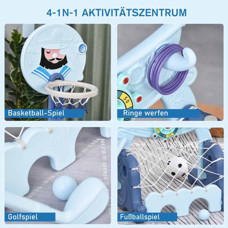 HOMCOM basketbalstandaard set 4-in-1 kinderspeeltuin voetbalspel / golfspel blauw