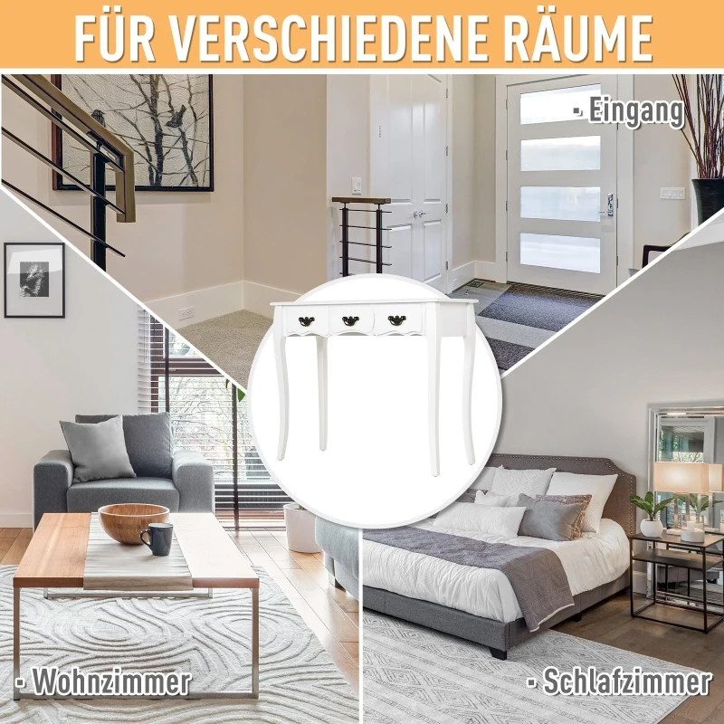 HOMCOM Konsolentisch, Beistelltisch mit 3 Schubladen, Vintage Sideboard, Massivholz, 90 x 40 x 75,5 cm