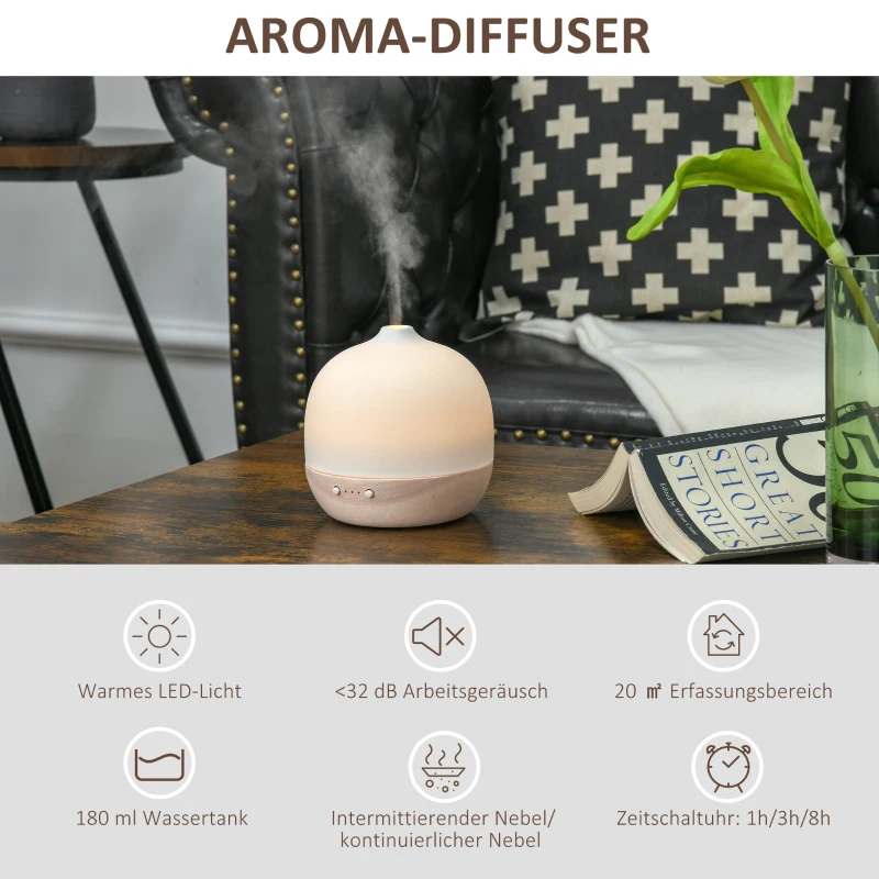 HOMCOM 180ml Aroma Diffuser for Essential Oils Humidifier with Adjustable LED Warm Lights, 2 Mist Mode, Timer, Waterless Auto-off for Home and Office