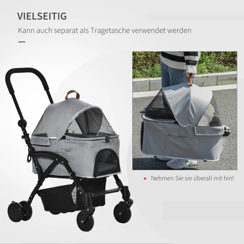 PawHut 2-in-1 Hundebuggy Transporttasche Katzenbuggy mit Universal Rad abnehmbar Abdeckung Oxford Grau+Schwarz 76,5 x 48 x 99 cm