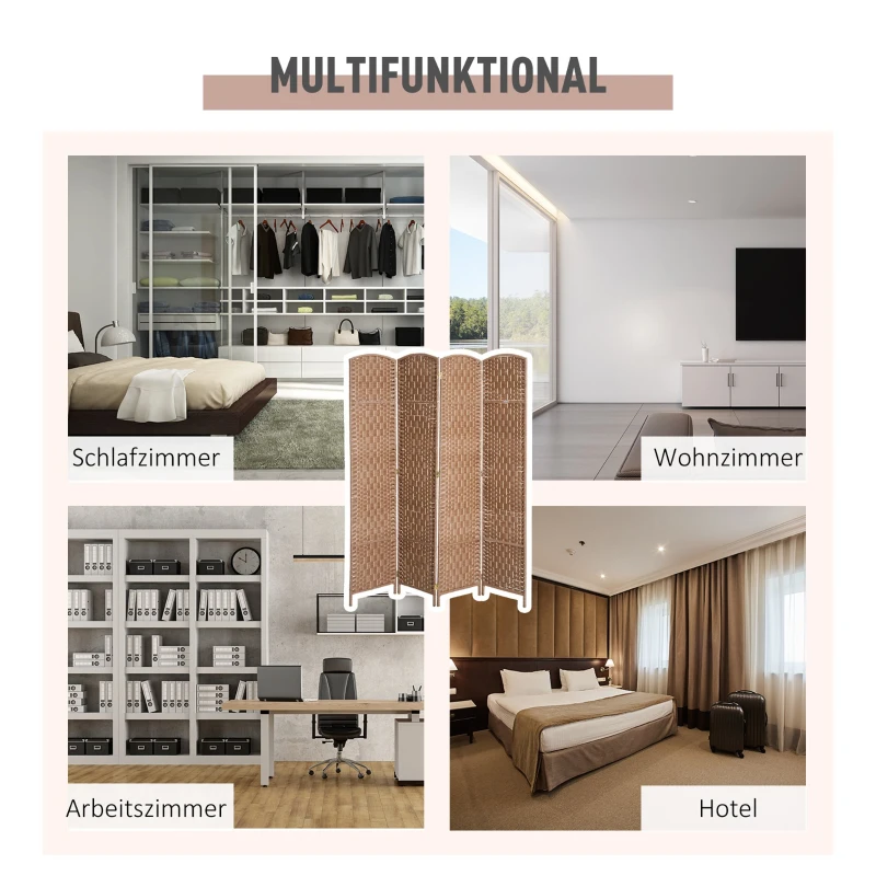 Parawan 4-częściowa przegroda do pokoju ścianka działowa z drewna topolowego składana 180 x 180 cm