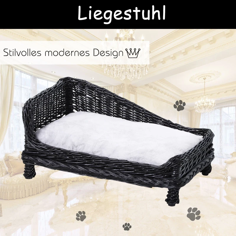 PawHut Haustierbett mit Kissen, Hundebett, Katzenbett, Erhöhtes Katzensofa,  Hundekorb, Hundesofa, Weiden, Schwarz, 69 x 42 x 33 cm