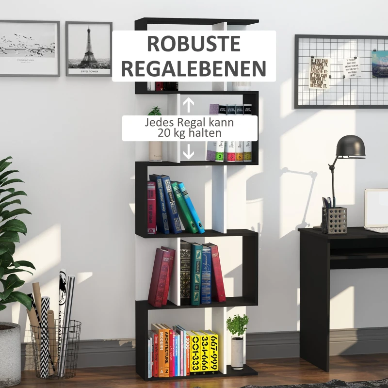 HOMCOM® Bücherregal S-förmig Standregal 5-stöckiger Raumteiler Spanplatte Schwarz