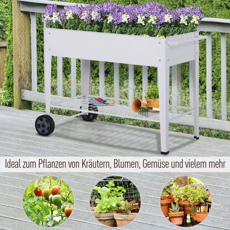 Podniesione łóżko Outsunny, mobilny wózek na rośliny ze schowkiem, kwietnik na 2 kółkach, metal, biały, 107,5 x 50 x 80 cm