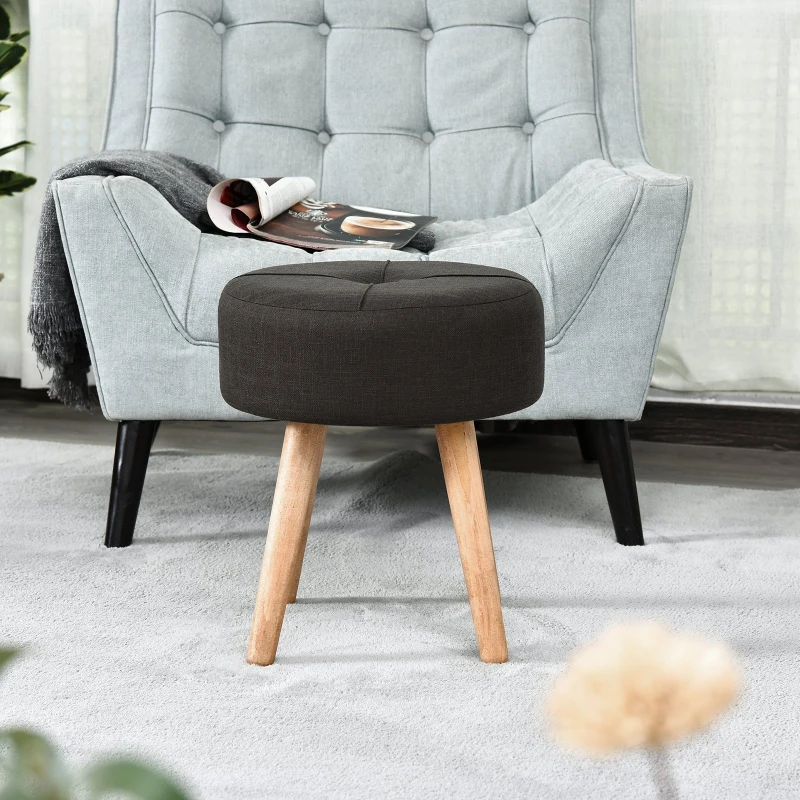 HOMCOM Sitzhocker, Polsterhocker, Fußhocker mit Holzbeine, rund, Kiefer, Leinen, Dunkelgrau, L39,5 x B39,5 x H45 cm