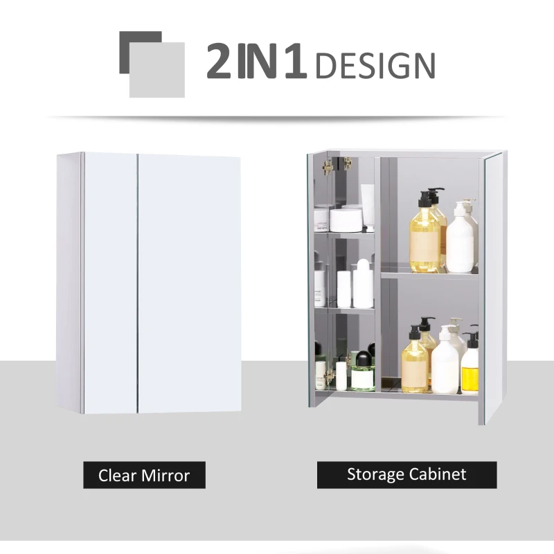 HOMCOM Wall mounted Bathroom Mirror Storage Cabinet Double Doors Stainless Steel 430mm (W)