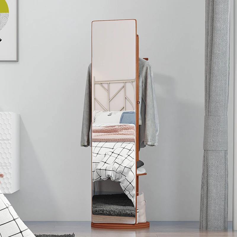 HOMCOM Schmuckschrank Spiegelschrank Wandschrank 360° Drehung MDF-Platte Kiefer Glasspiegel Walnuss hell Ø50 x 169 cm