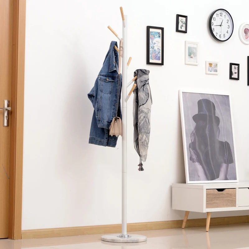 HOMCOM Garderobenständer mit 6 Haken, Standgarderobe mit Marmorfuß, Kleiderständer, Flurgarderobe, Metall, Weiß, 35 x 35 x 174 cm