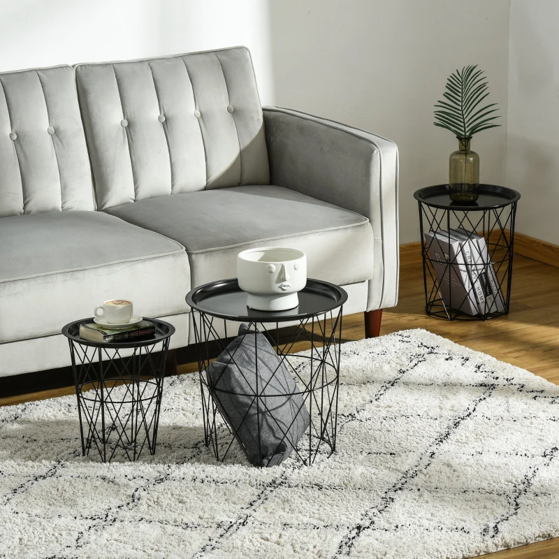 HOMCOM set van 3 bijzettafel met opbergruimte nachtkastje decoratieve salontafel met afneembaar deksel mandtafel koffietafel staal zwart Ø 43 x 44,5 cm / Ø 35 x 39,5 cm / Ø 30 x 35,5 cm