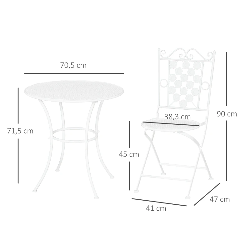Outsunny Sitzgruppe, 3-teilige Essgruppe, Gartenmöbel-Set, 1 Tisch+2 Stühle, rund Tisch, Terrasse, Metall, Weiß, Ø70,5 x H71,5 cm