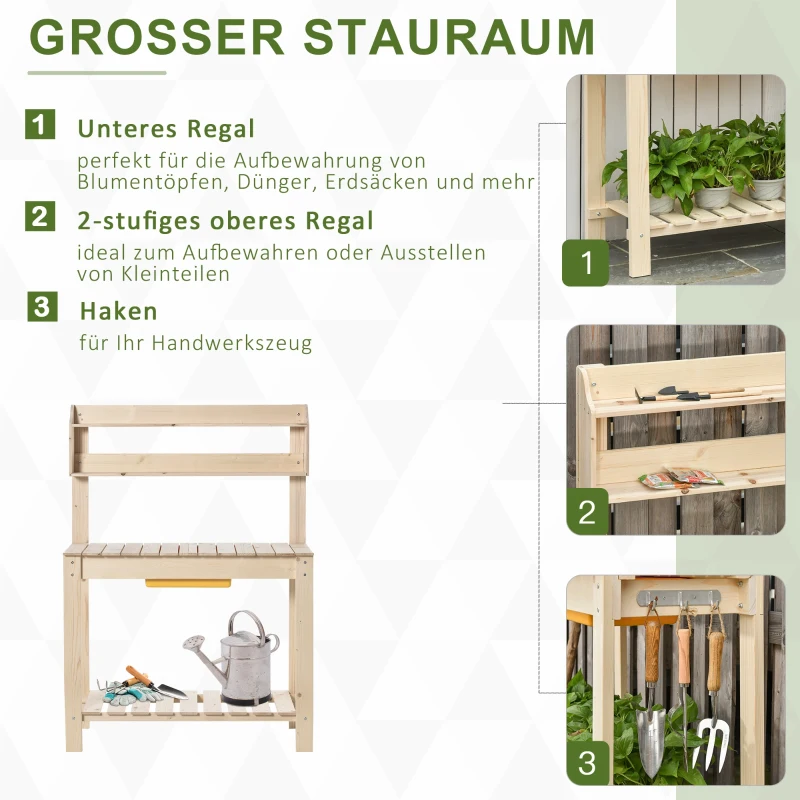 Outsunny Stół do sadzenia roślin z haczykami stół ogrodniczy z drewna jodłowego tworzywo sztuczne do ogrodu kolor naturalny