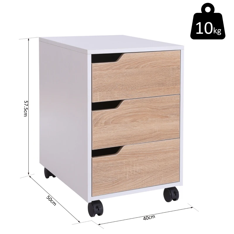 HOMCOM rolcontainer, archiefkast, kantoorcontainer met 3 lades, kantoorkast, opslag, container, 4 universele wielen, MDF, naturel + wit, 4 x 40 x 50 cm | Aosom.de