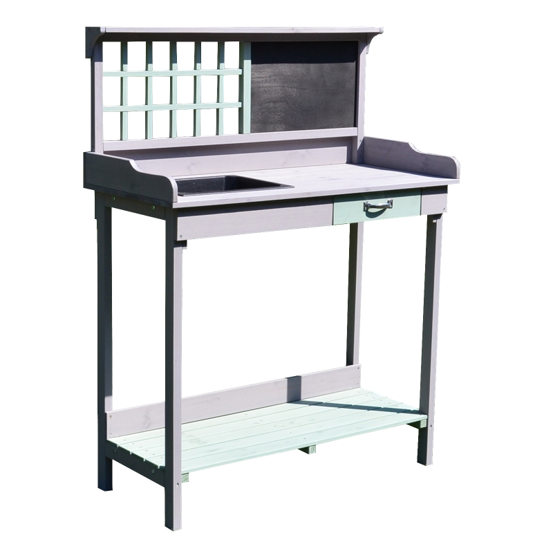 HOMCOM Pflanztisch Gärtnertisch Gartentisch Blumentisch mit Schublade und Wanne für den Garten Tannenholz Mintgrün + Grau 92 x 42,5 x 119,5 cm