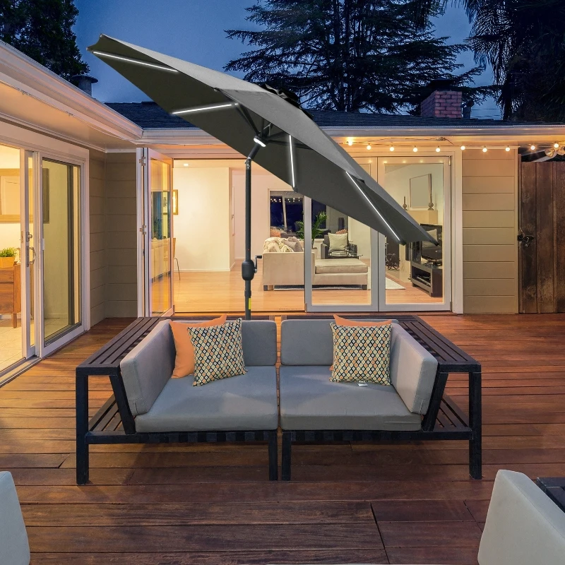 Parasol z oświetleniem solarnym LED stal aluminium poliester szary Ø266 x wys. 245 cm
