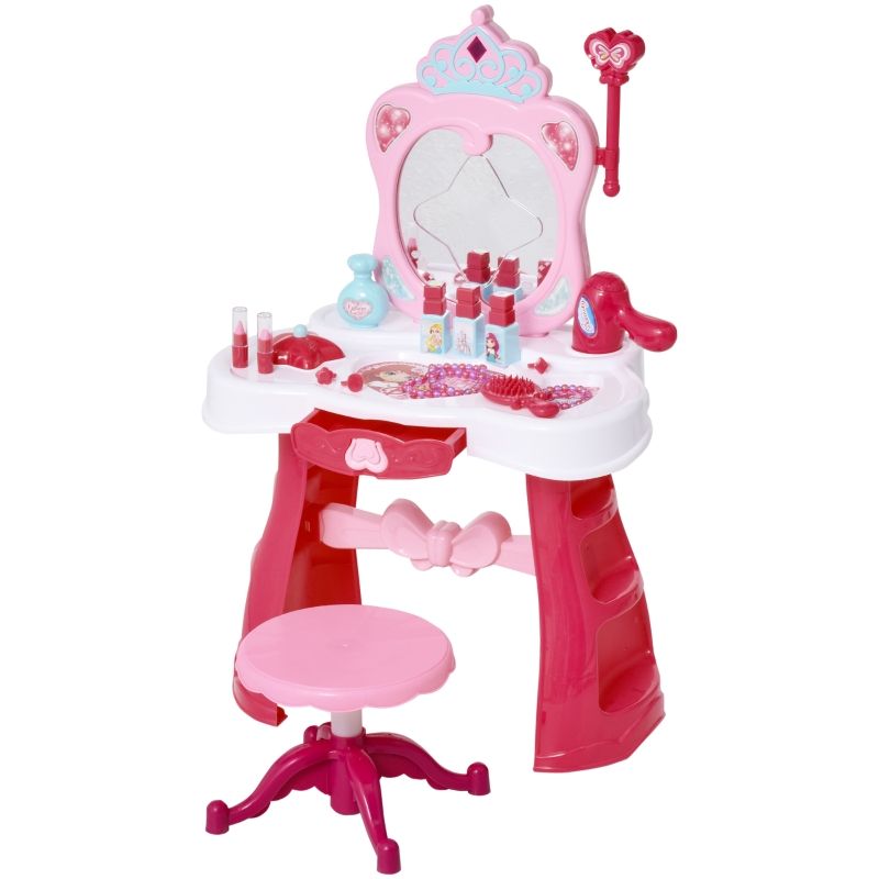 HOMCOM 2-Set Kinderschminktisch Frisiertisch Frisierkommode mit Hocker Musik Licht Mädchen Kosmetik Spiegel Infrarotsensor Rosa+Weiß 44x28x67 cm