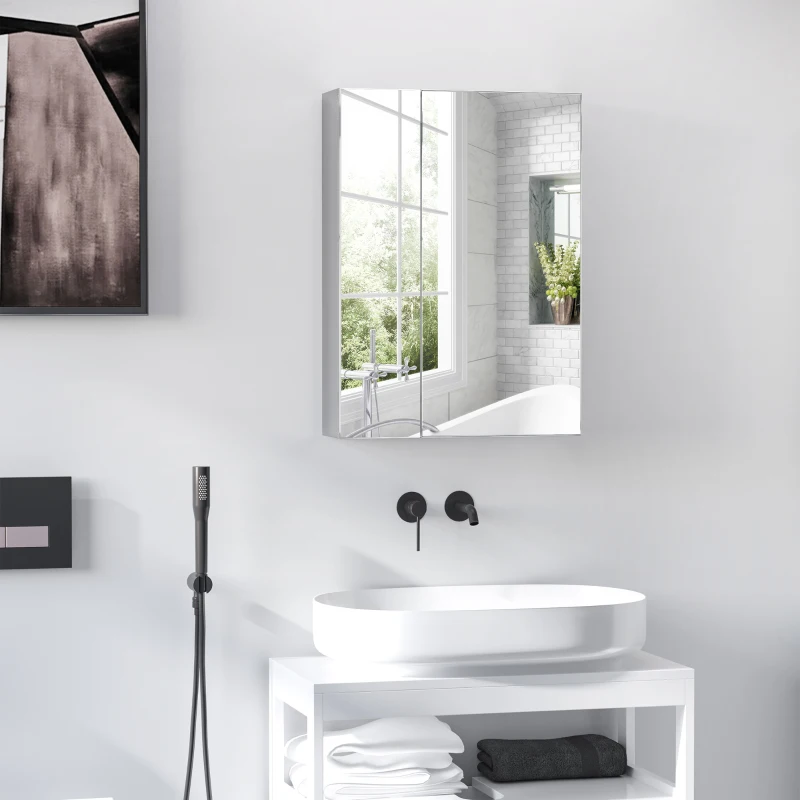 HOMCOM Wall mounted Bathroom Mirror Storage Cabinet Double Doors Stainless Steel 430mm (W)