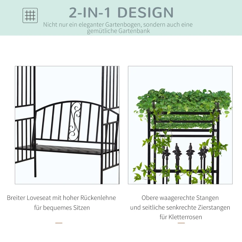 Outsunny łuk ogrodowy z ławką brama kratka pergola do roślin pnących ogród daszek łukowy metal czarny 152 x 58 x 207 cm