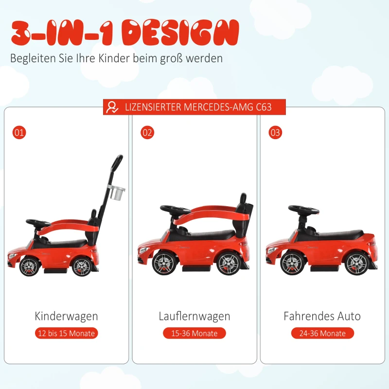 HOMCOM Samochód Mercedes Benz dla dzieci jeździk drążek do pchania i trzymania z oparciem (czerwony)