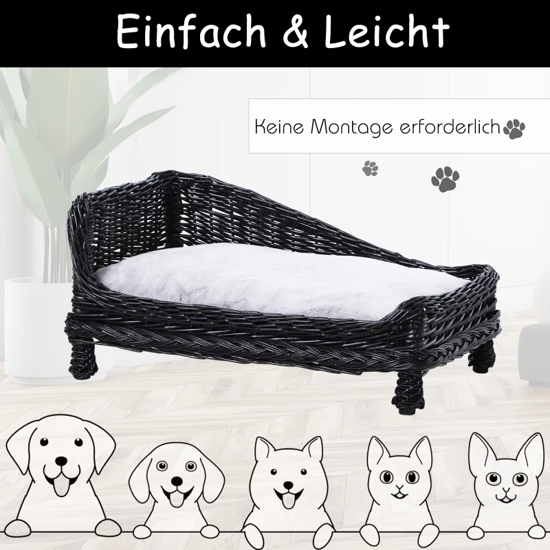 PawHut Haustierbett mit Kissen, Hundebett, Katzenbett, Erhöhtes Katzensofa,  Hundekorb, Hundesofa, Weiden, Schwarz, 69 x 42 x 33 cm