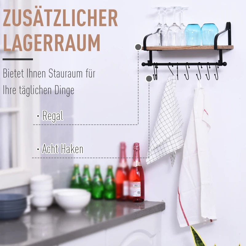 HOMCOM Wandregal Schweberegal Wandboard mit 8 Haken für Badezimmer, Küche und und Kochutensilien, Massivholz, Schwarz+Natur, 48 x 18,5 x 21 cm