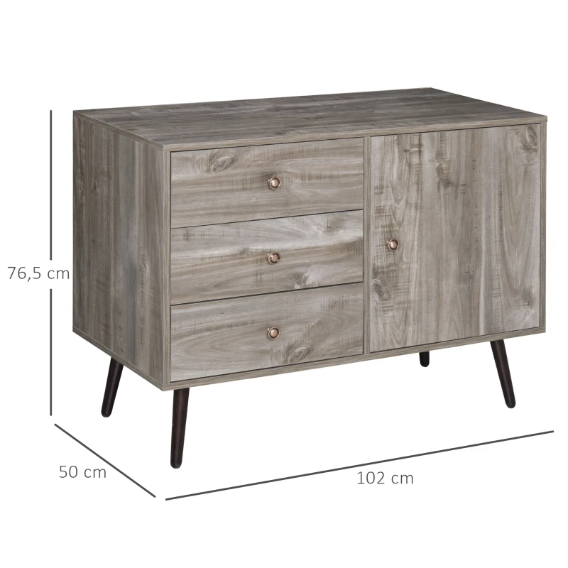 HOMCOM Sideboard Kommode Beistellschrank Bücherschrank Standschrank mit Tür und 3 Schubladen, Kiefer, Graue Holzmaserung, 102 x 50 x 76,5 cm