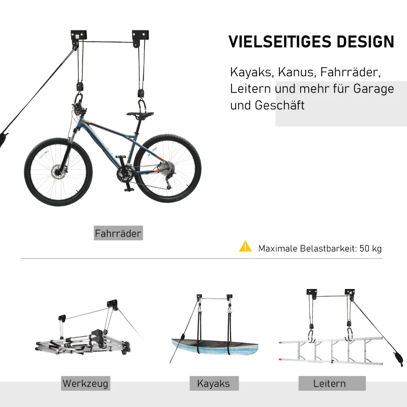 HOMCOM Kajak Lift Decken Lift Fahrrad-Bike Lift Aufbewahrungssystem für Kanus bis 50 kg Deckenhalterung Mehrzweck Stahl PP Schwarz 12,3 x 16 cm