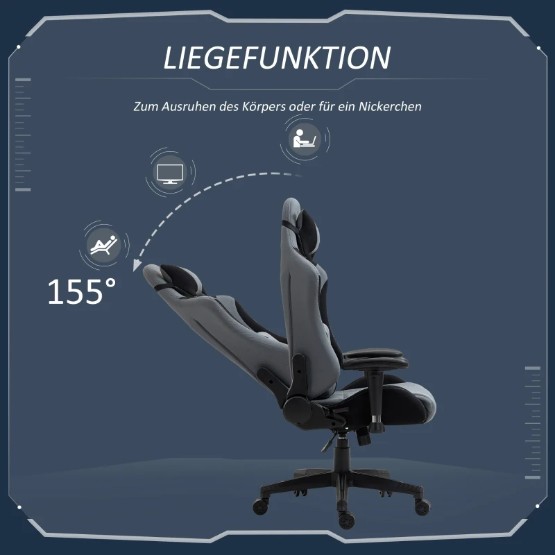 Vinsetto Gaming Stuhl Ergonomischer Bürostuhl Computerstuhl Drehstuhl mit Kissen und Rückenlehne verstellbar Schaumstoff Spandex-Gewebe Schwarz+Dunkelgrau 70 x 75 x 124-132 cm