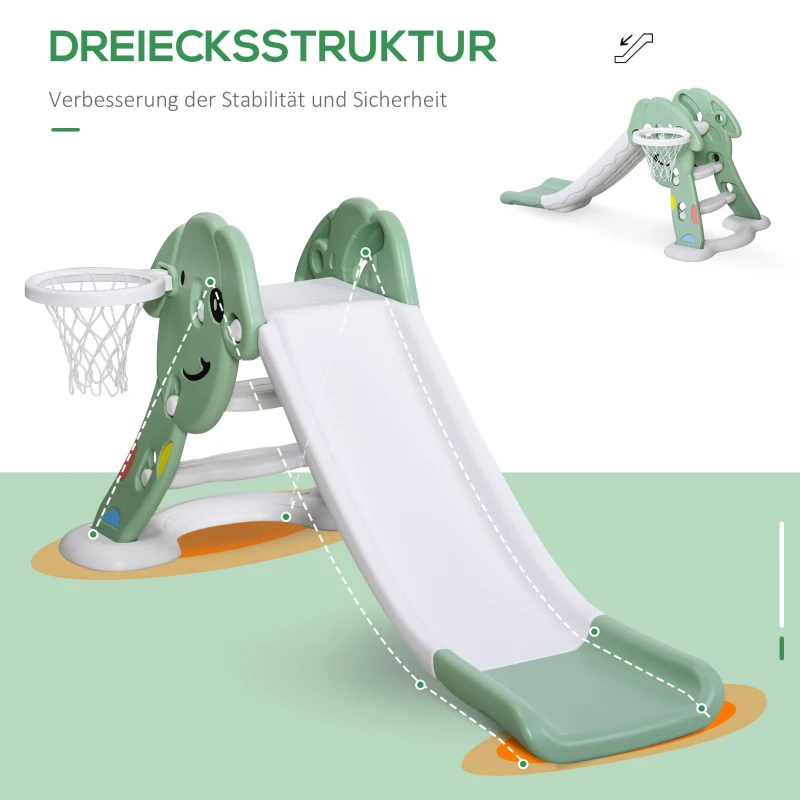 HOMCOM Kinderrutsche Baby Rutsche mit Sicherheitsdreieck-Design Indoor oder Outdoor strukturierten Stufen und seitlichem Basketballkorb Grün+Weiß 146 x 68 x 68 cm