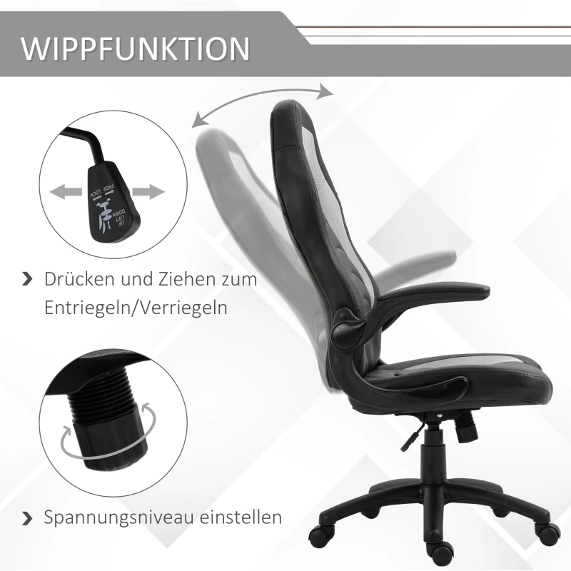 Vinsetto Gamingstuhl mit Wippfunktion höhenverstellbarer Bürostuhl ergonomischer Schreibtischstuhl Home-Office Schaumstoff Kunstleder Nylon Mesh Grau 64 x 68,5 x 117-127 cm