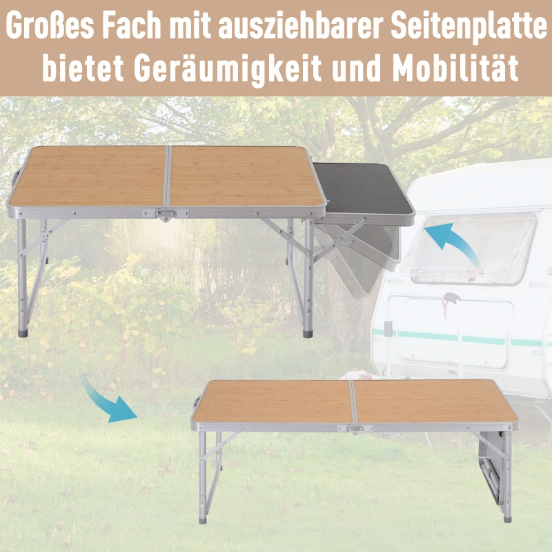 Outsunny Campingtisch höhenverstellbar Klapptisch mit Seittischplatte Klappbar 90 x 60cm Naturholz