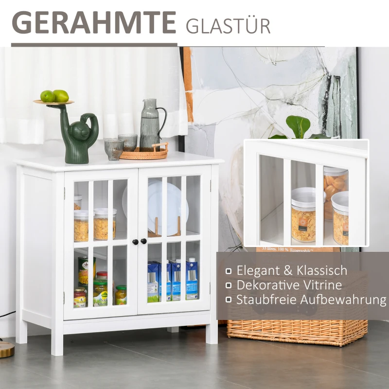 HOMCOM Küchenschrank Geschirrschrank Beistellschrank mit 2 Schichten Buffet Vitrinenschrank Glastür MDF Weiß  80 x 36,5 x 76 cm