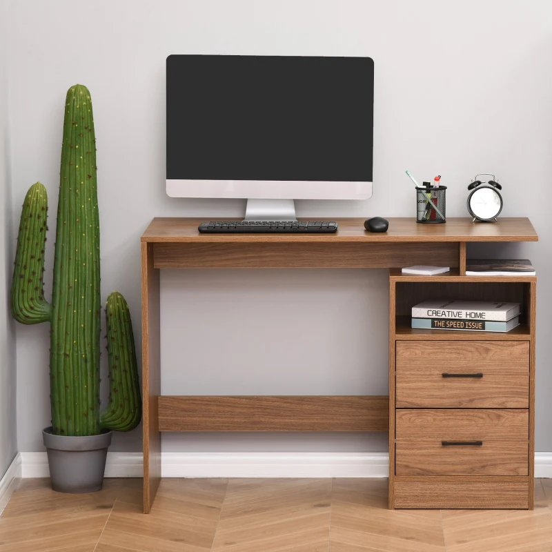 HOMCOM Schreibtisch Computertisch mit offenen Ablagen 2 Schubladen Arbeitstisch kompakter Bürotisch Spanplatte Natur 107 x 48 x 76,2 cm