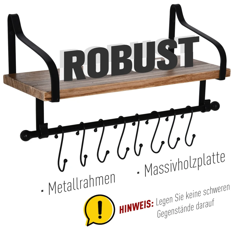 HOMCOM Wandregal Schweberegal Wandboard mit 8 Haken für Badezimmer, Küche und und Kochutensilien, Massivholz, Schwarz+Natur, 48 x 18,5 x 21 cm