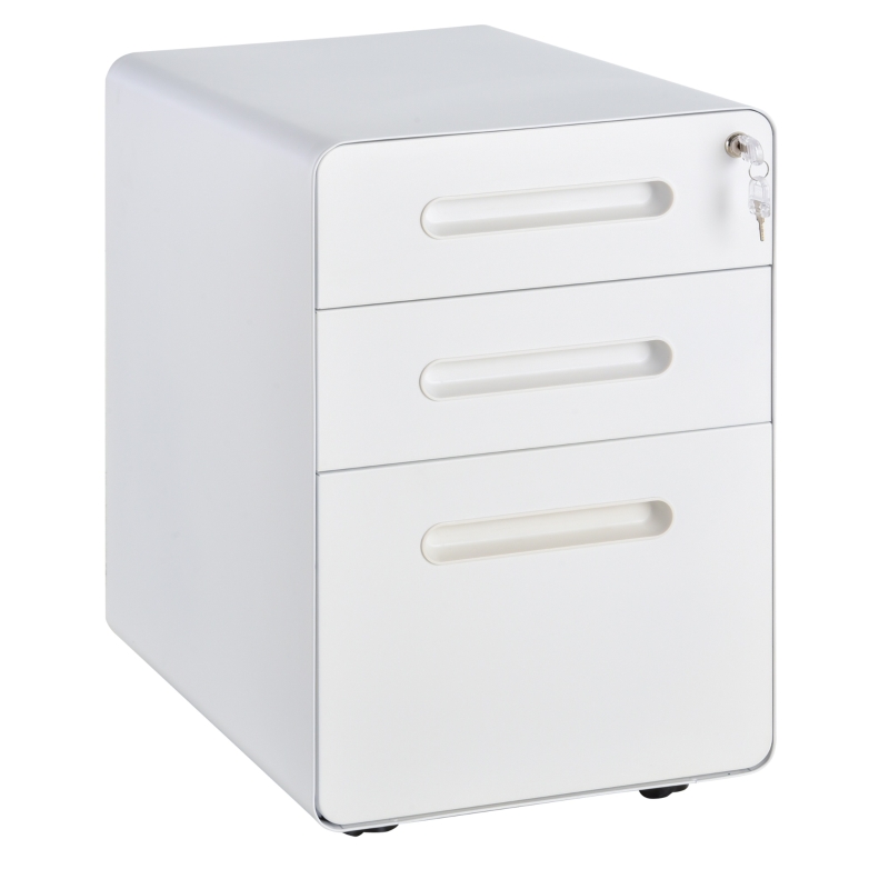 Vinsetto Rollcontainer, Aktenschrank, Bürocontainer mit 3 Schubladen, Büroschrank, Aufbewahrung, Container, Stahl, Weiß, 39 x 48 x 59 cm
