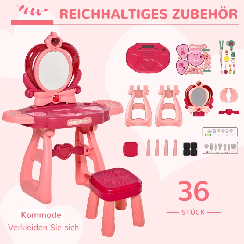 HOMCOM Kinderschminktisch mit Spiegel Hocker Frisiertisch mit reichhaltigem Zubehör 5 Musikstücke Licht für Mädchen ab 3 Jahre anti-rutsch platzsparend Kunststoff Weinrot+Rosa 57 x 29 cm x 70,5 cm