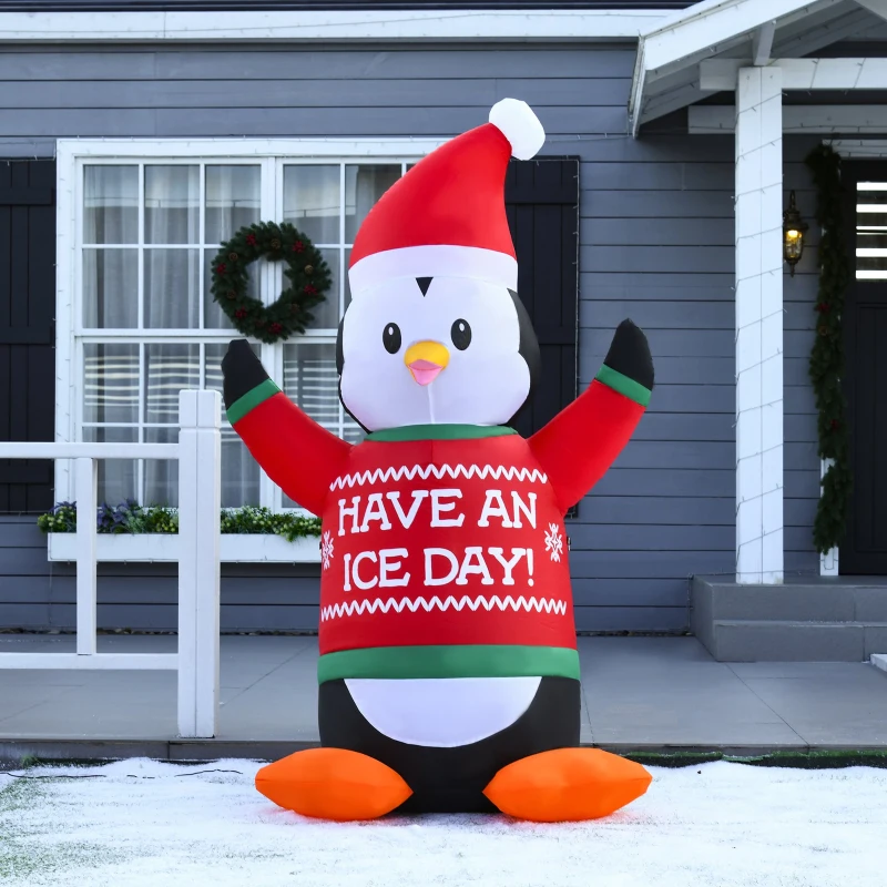 HOMCOM Aufblasbare Pinguin-Figur 1,88 m Weihnachtsdekoration mit Lichtern Weihnachten Dekoration automatisches Aufblasen wetterfest Polyester Weiß+Schwarz+Rot+Grün 112 x 93 x 188 cm