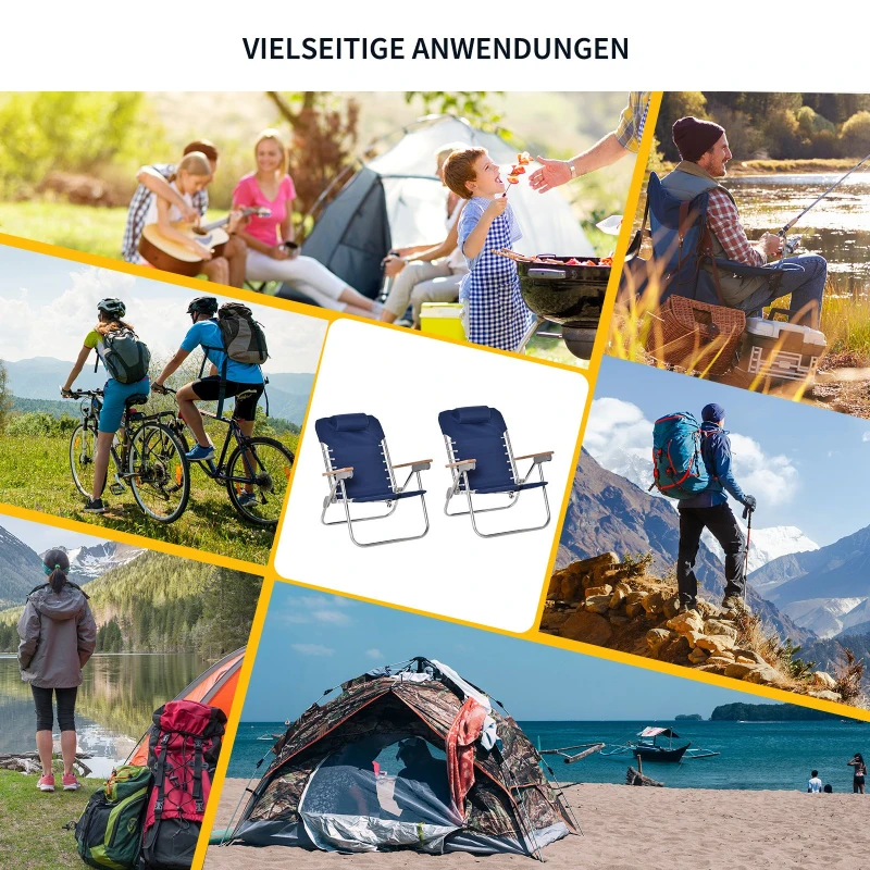 Outsunny 2-er Set Campingstuhl Klappstuhl Gartenstuhl mit Armlehnen Strand Balkon faltbar Metall Oxfordstoff Blau 69 x 62 x 73,5 cm