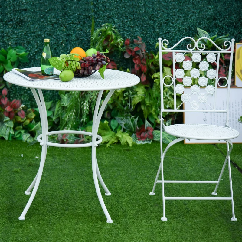 Outsunny Sitzgruppe, 3-teilige Essgruppe, Gartenmöbel-Set, 1 Tisch+2 Stühle, rund Tisch, Terrasse, Metall, Weiß, Ø70,5 x H71,5 cm
