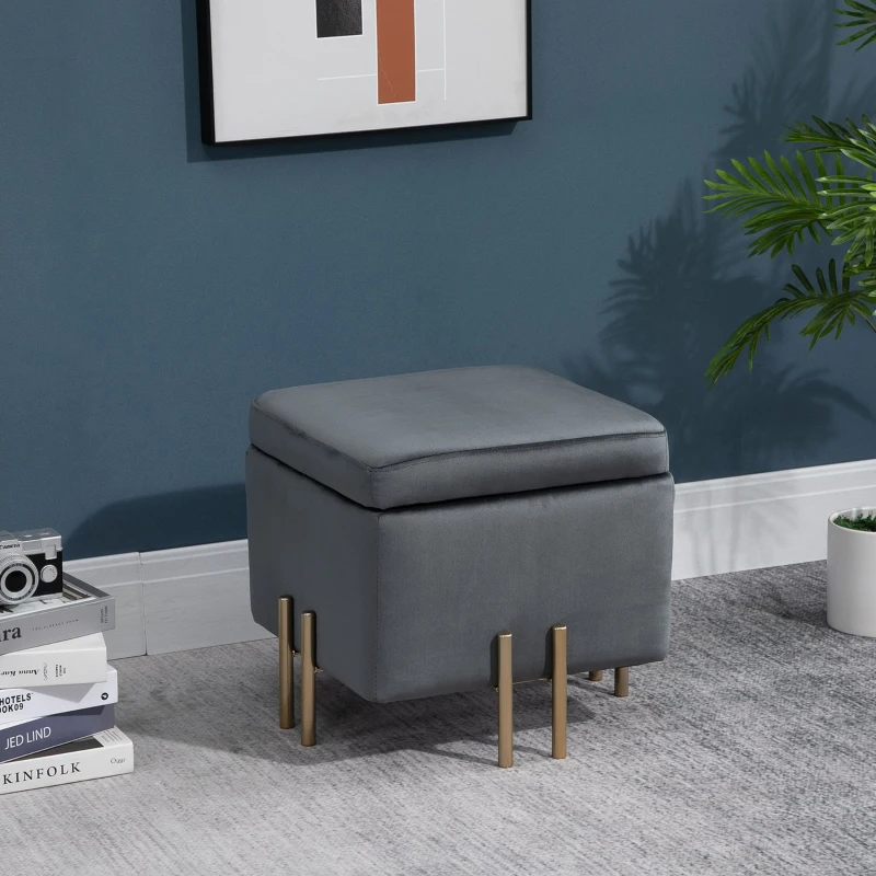 HOMCOM Luxe poef krukje met opbergruimte gepolsterd krukje donkergrijs