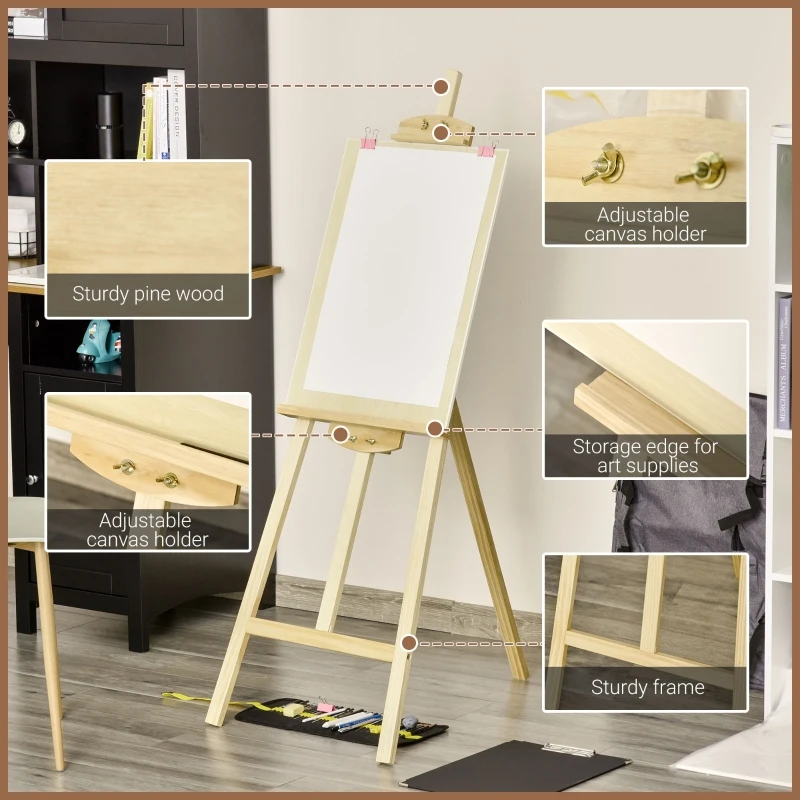 HOMCOM ezel schildersdoek frame studio schildersezel 90° instelbaar met beugel grenenhout natuurlijk 51,5 x 71,5 x 134,5 cm