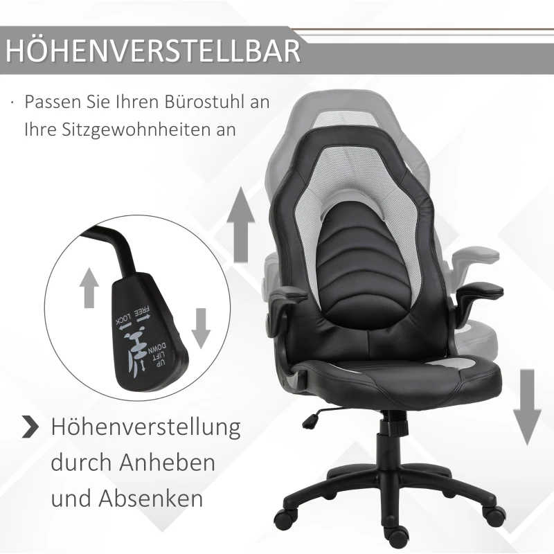 Vinsetto Gamingstuhl mit Wippfunktion höhenverstellbarer Bürostuhl ergonomischer Schreibtischstuhl Home-Office Schaumstoff Kunstleder Nylon Mesh Grau 64 x 68,5 x 117-127 cm