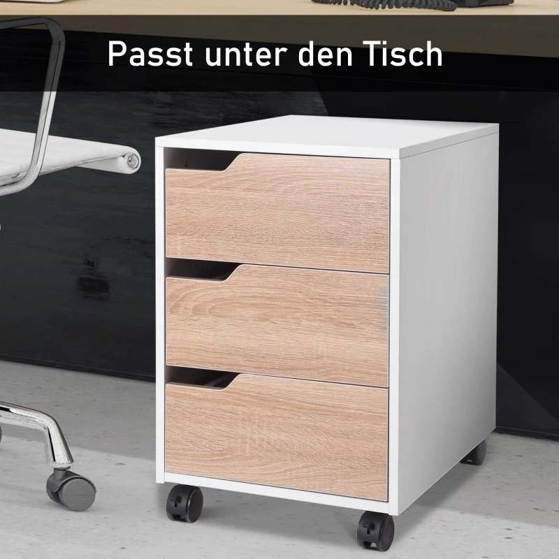 HOMCOM rolcontainer, archiefkast, kantoorcontainer met 3 lades, kantoorkast, opslag, container, 4 universele wielen, MDF, naturel + wit, 4 x 40 x 50 cm | Aosom.de