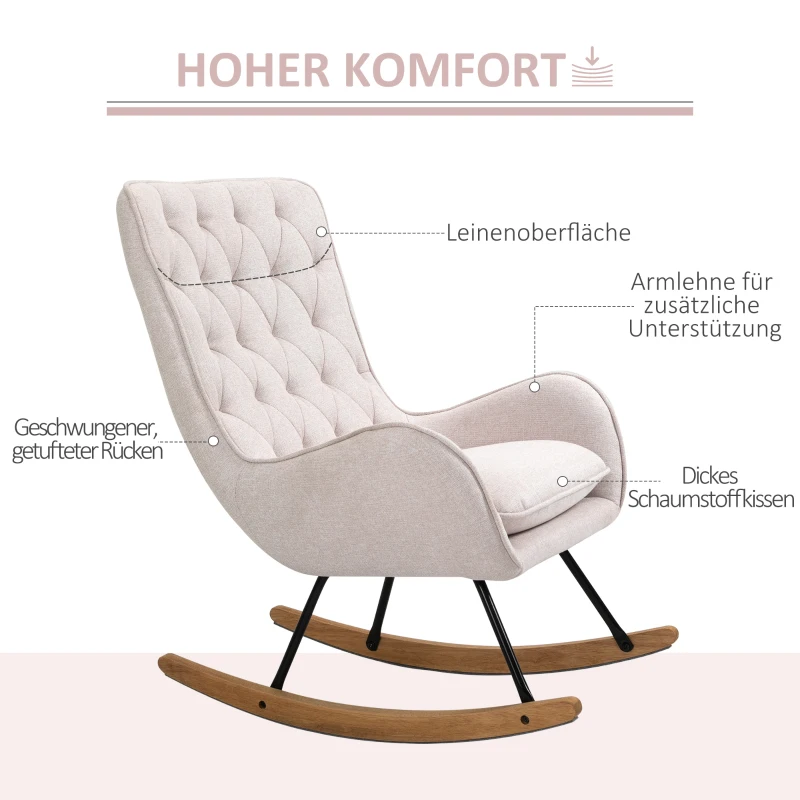 HOMCOM Schaukelstuhl Relaxstuhl Schwingsessel Schaukelsessel Leinen Stahl Cremeweiß 69 x 90 x 100 cm