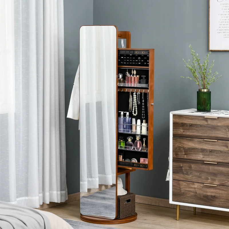 HOMCOM Schmuckschrank Spiegelschrank Wandschrank 360° Drehung MDF-Platte Kiefer Glasspiegel Walnuss hell Ø50 x 169 cm