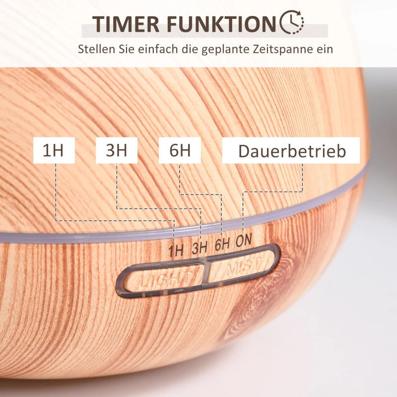 HOMCOM Aroma Diffuser Luftbefeuchter für ätherische Öle 7 Farben LED  wasserlose automatische Abschaltung 300 ml Natur Ø16,5 x 22H cm