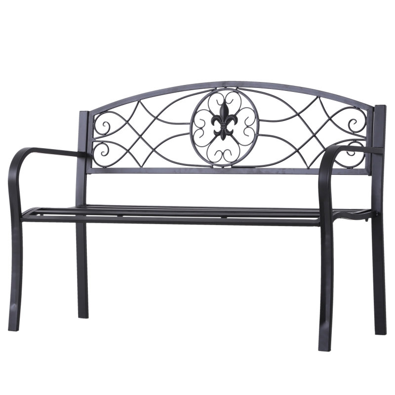 Outsunny 2-Sitzer Sitzbank Gartenbank mit Armlehnen Metallbank Bank Landhausstil Metall Schwarz 128 x 50 x 91 cm