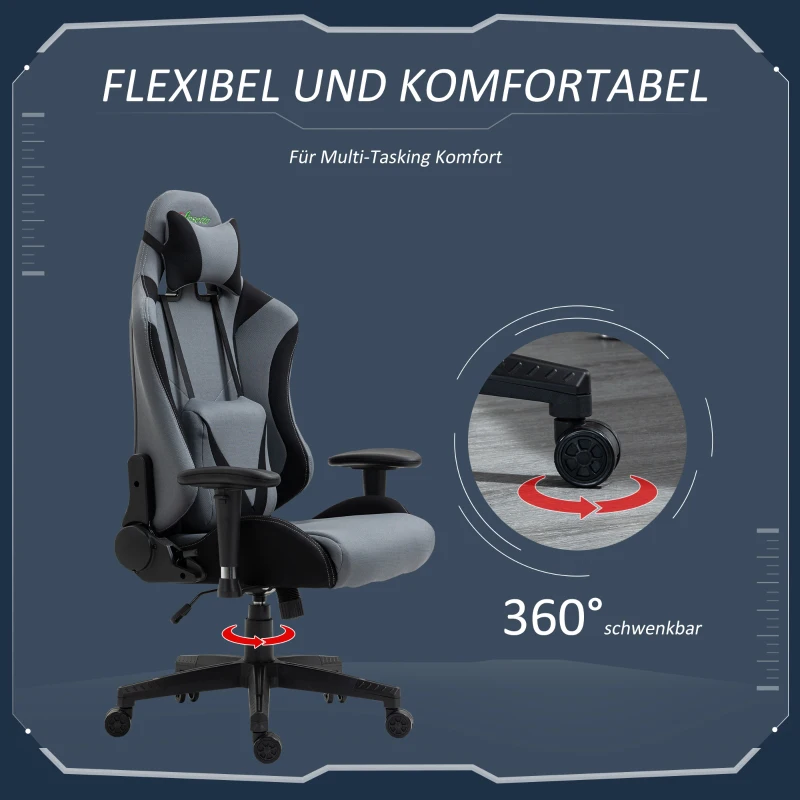 Vinsetto Gaming Stuhl Ergonomischer Bürostuhl Computerstuhl Drehstuhl mit Kissen und Rückenlehne verstellbar Schaumstoff Spandex-Gewebe Schwarz+Dunkelgrau 70 x 75 x 124-132 cm