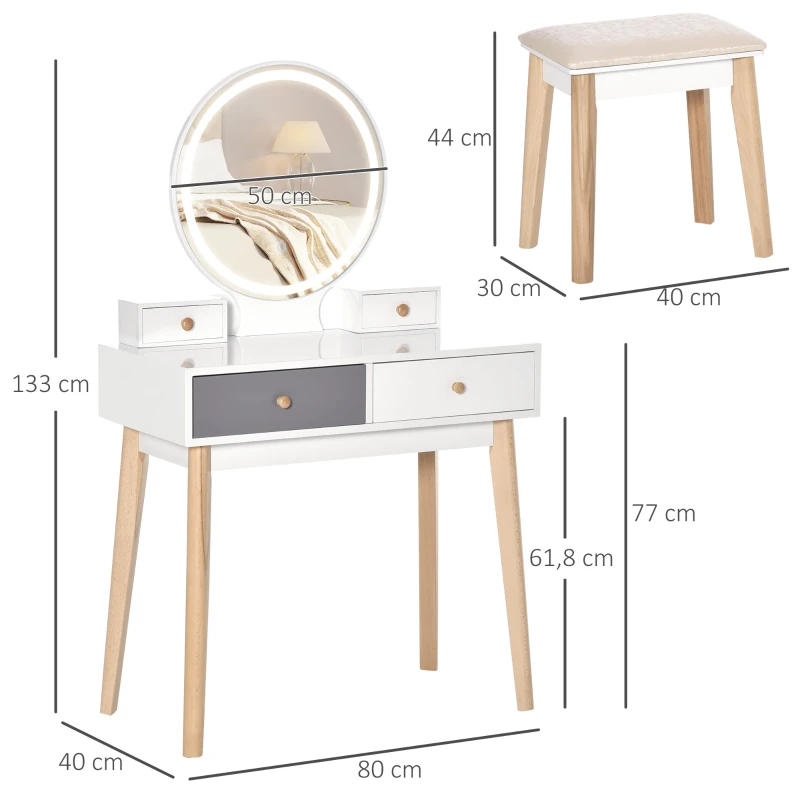HOMCOM Schminktisch Eitelkeit Set 3 LED Beleuchtungsmodi Frisierkommode Kosmetiktisch mit Spiegel Hocker und 4 Schubladen Ringfächer MDF Stahl Schaumstoff Grau 80 x 40 x 133 cm